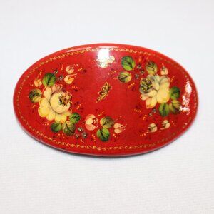 Vintage Russian Hair Clip Hand Painted Barrette Red with Flowers Zhostovo Style